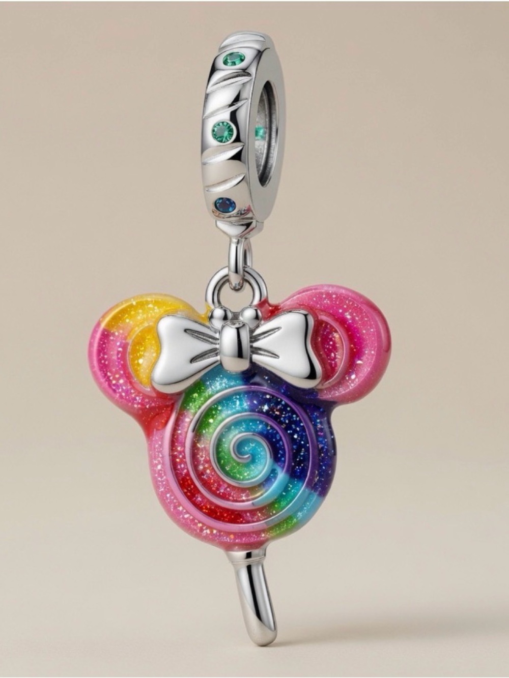 Sterling Silver Rainbow Minnie Lollipop Dangle Charm - Multicolor
